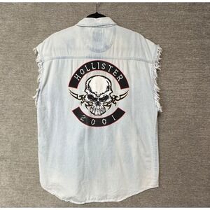 Vintage Biker‎ Cut Off Light Wash Denim Shirt Skull Hollister 2001 Faded Large